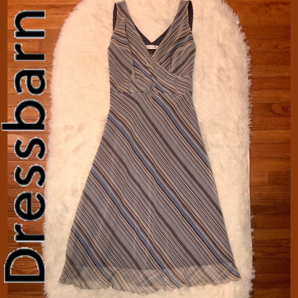 DRESSBARN—DIAGONAL STRIPES IN SHADES OF BLUE—NAVY—TIE BACK FABRIC BELTED DRESS!!
